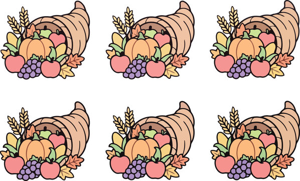 Thanksgiving cornucopia illustrations with orange pumpkins and colorful autumn fruit harvest for festive decor design.