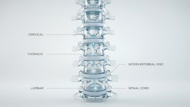 Human spine anatomy diagram with labeled cervical, thoracic, lumbar sections and spinal cord