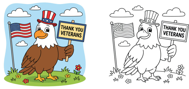 Cute Cartoon Bald Eagle with Uncle Sam Hat and Flag Holding a "THANK YOU VETERANS" Sign Vector Illustration Set (Color and Outline) - Memorial Day Patriotic Graphic