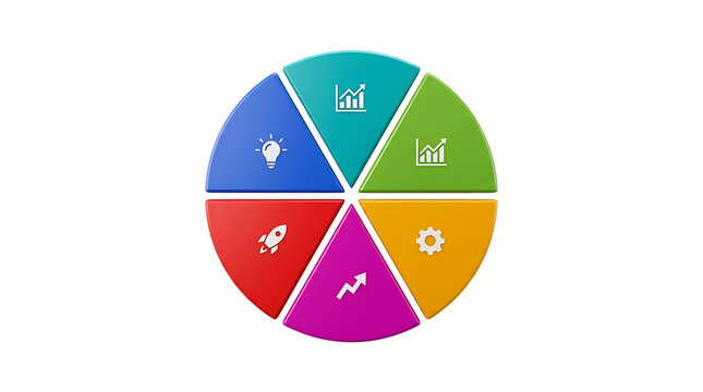 Pie chart with six colorful segments and icons - PNG cutout graphic, isolated on transparent background