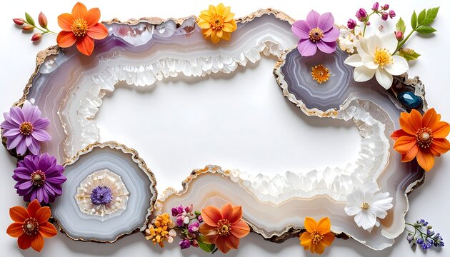 Colorful natural flowers surrounding white agate geode crystal slice with sparkling quartz crystals decorative frame on pure white background elegant spa wedding decor