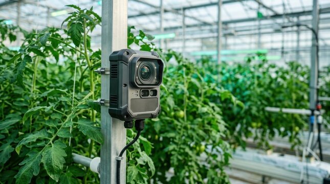 Rugged surveillance camera mounted on pole in greenhouse for plant monitoring.