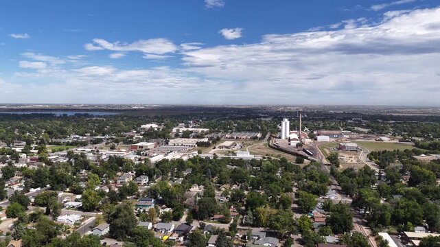 Aerial of residential and industrial area in Loveland Colorado in summer