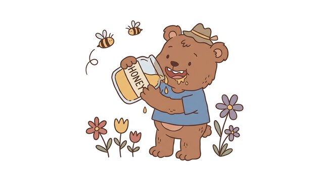 Brown bear character wearing hat drinking honey from glass jar in meadow surrounded by colorful flowers and flying bees happy animal illustration isolated white background whimsical drawing.