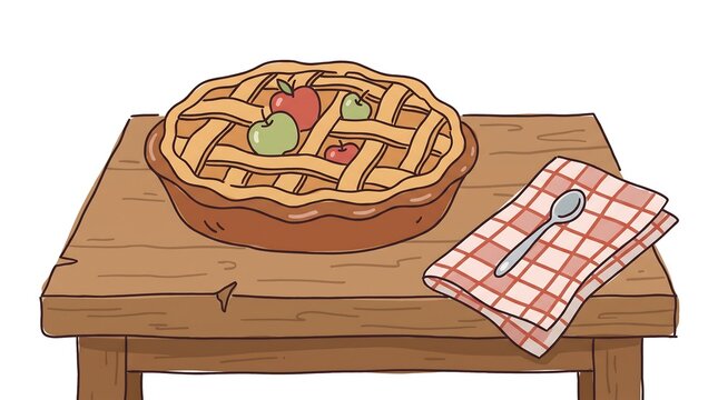 Pie with apple slices on rustic wooden table next to folded checkered napkin with spoon simple hand drawn illustration style isolated white background cute cartoon food serving kitchen scene design.