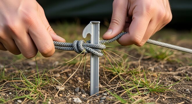 Close-up of hands tying rope on tent stakes, detailed textures, natural ground and grass visible, camping preparation scene
