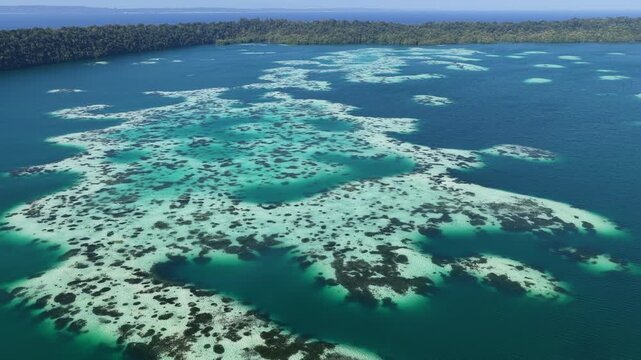 Calcareous algae and white sand forms abstract patterns in Kakaban Lake amid the Derawan Islands, Indonesia. This marine lake, surrounded by limestone, harbors four species of harmless jellyfish.