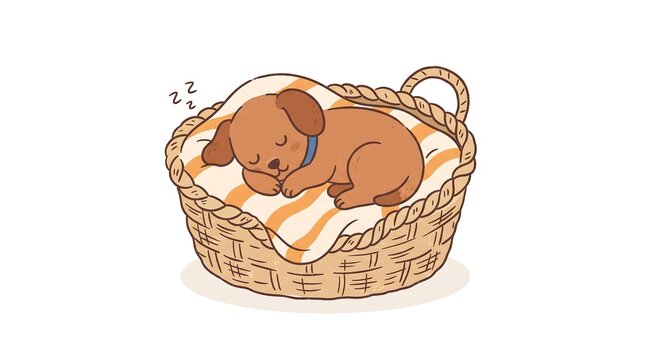 Cute puppy sleeping in cozy woven wicker basket on soft blanket with stripes illustration for nursery decor or children story book design element isolated on white background drawing style art.