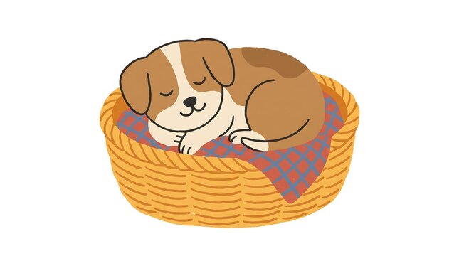 Adorable puppy dog with spots sleeping inside woven wicker basket lined with colorful plaid fabric blanket flat vector illustration for kids nursery or room decor design asset on white base.