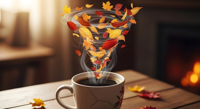 Coffee cup with swirling leaf vortex instead of steam.