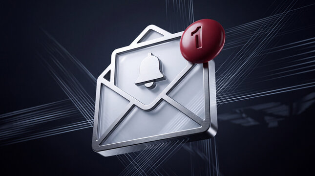 3D metallic email envelope icon with notification bell and red unread message badge on dark background.