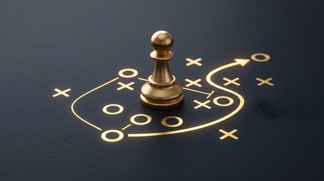 Gold pawn chess piece on board with glowing strategic moves.