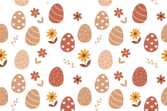 Seamless pattern with decorative easter eggs, small flowers, and twigs in earthy tones on a white background, isolated on a, transparent background