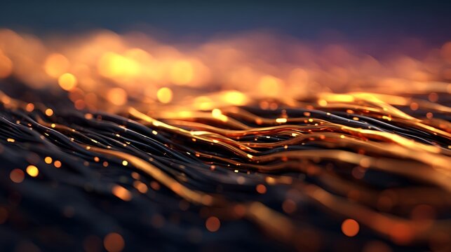 Abstract glowing orange and black waves create a dynamic, futuristic surface with bright bokeh lights enhancing depth and motion effects.