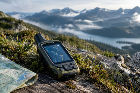 Rugged handheld navigation device and generic topographic map positioned on a mountain trail in soft natural morning light
