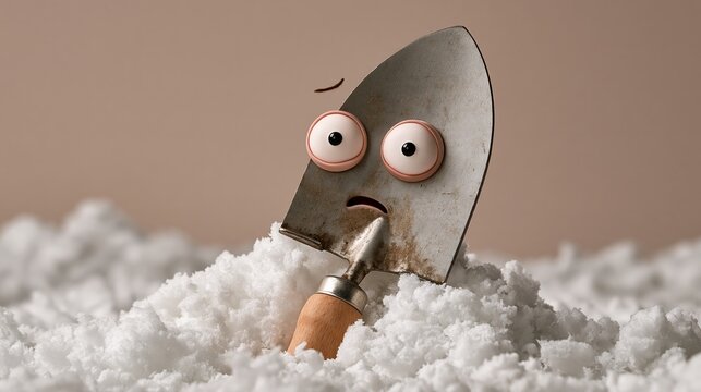 Gardening trowel stuck in snow pile, looking confused, warm grey wall, copy space