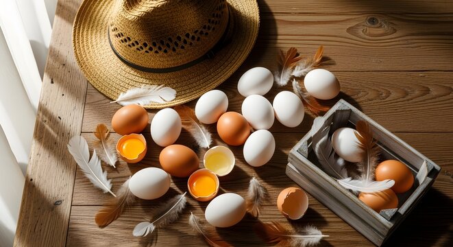 Flat lay of chicken-themed items: eggs, feathers, farmer's hat, wooden crate, placed on rustic wooden table with soft natural light