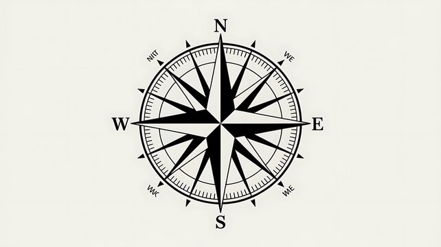 Vintage wind rose compass graphic symbol with cardinal directions on light background
