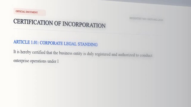 Certification of incorporation business document typing. Animated official corporate certificate paper. Legal standing compliance form. Text typing UI template. Digital office overlay