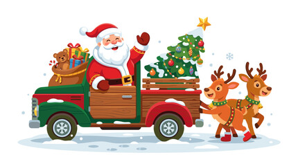 Fototapeta premium Santa Claus driving retro truck with reindeer and Christmas tree