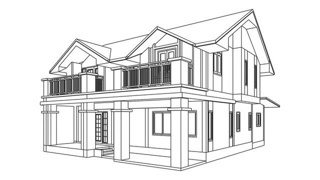 Architectural house wireframe drawing, modern villa outline sketch, 3D building perspective for real estate design and construction planning