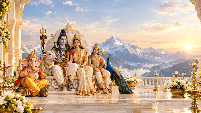 Shiva Parivar Shiva Parvati Ganesh Kartikeya Nandi Mushak Peacock Divine Family Gathering in Himalayan Spiritual Background
