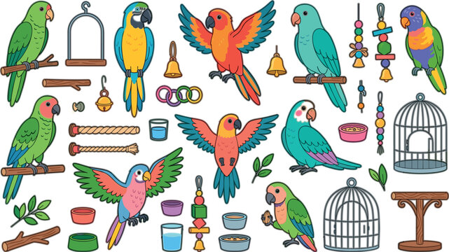 Cute Parrots and Pet Bird Accessories Clipart Vector Set Featuring Macaws Budgies Lovebirds Cages Perches and Toys Isolated on White Background