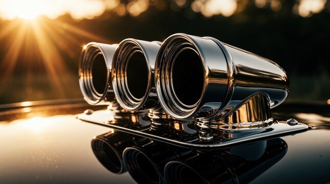 Close up on shiny chrome exhaust pipes of a custom car. Sun sets creating golden hour light reflections on polished metal surface. Outdoors.