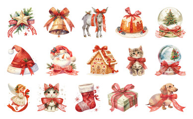 Fototapeta premium PNG Festive watercolor Christmas illustrations collection, element set on transparent background