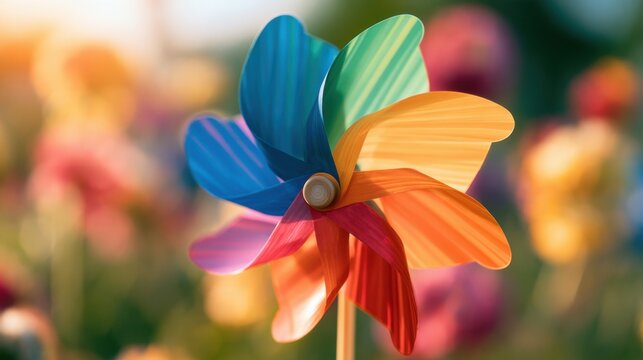 Colorful pinwheel spinning in soft sunlight with blurred vibrant flower garden background summer outdoor playful decoration
