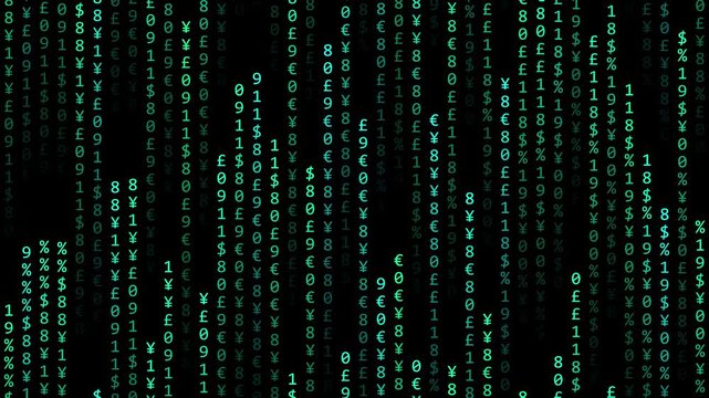 Abstract digital rain background with glowing currency symbols and binary numbers