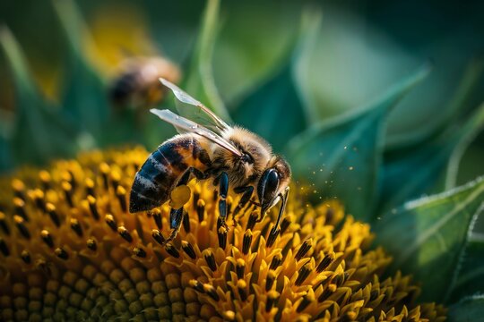 Macro view of a honey bee foraging on a yellow sunflower with sunflower pollinator wildlife botanical daylight environment collecting photography entomology
