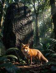 Fototapeta premium Red fox stands in front of large stone monolith with ancient animal carving in tropical jungle. Mysterious creature looks at camera near mossy rock monument. Fantasy wildlife concept shows wild