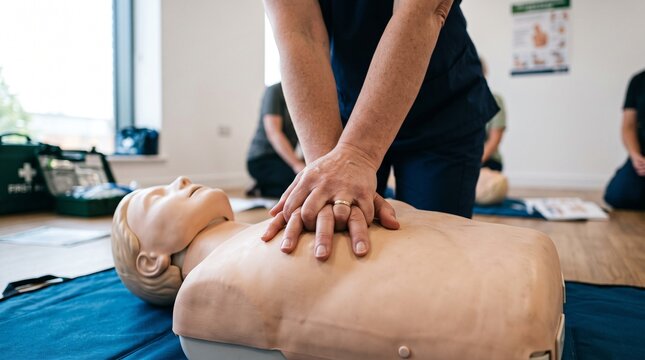 CPR training demonstration with adult manikin and instructor hands performing chest compressions, focused on emergency medical care and life-saving techniques