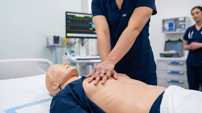 Medical trainee performing chest compressions on mannequin during CPR certification course in clinical hospital simulation environment