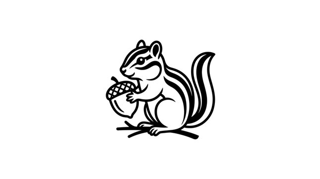 A black and white illustration of a cute chipmunk sitting on a branch, holding an acorn in its paws.