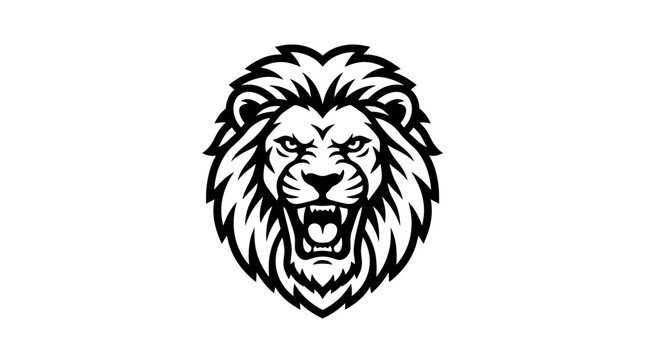 A powerful black and white illustration of a roaring lion's head with a majestic mane.