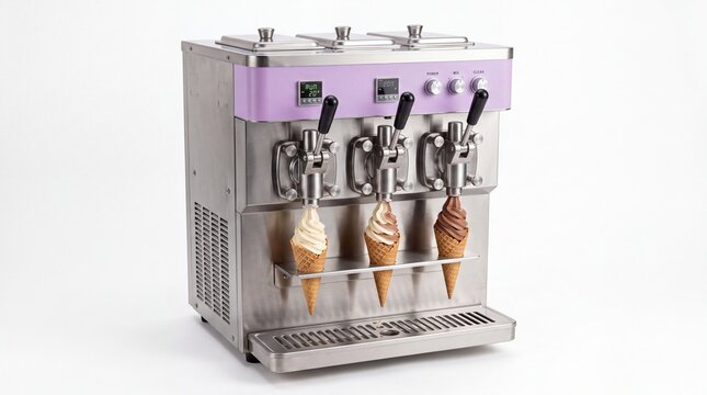 Industrial soft serve ice cream machine with three delicious wafer cones displayed on white background