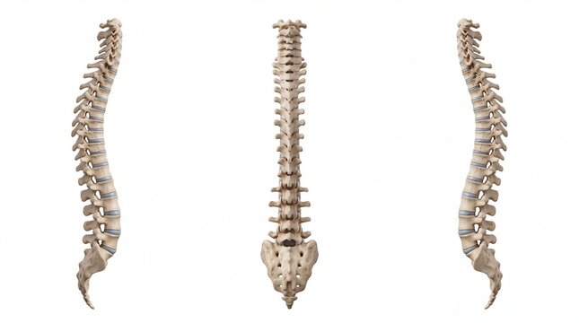Human vertebral column anatomy showcasing three detailed views of spinal bone structure on white background
