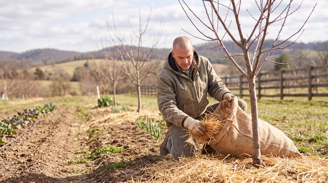 Farmer spreads straw mulch around fruit tree