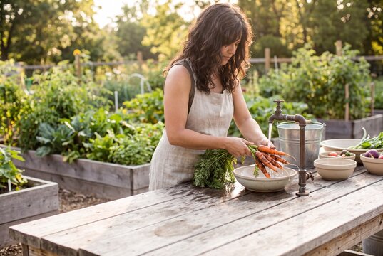 Woman rinses freshly harvested carrots outdoors