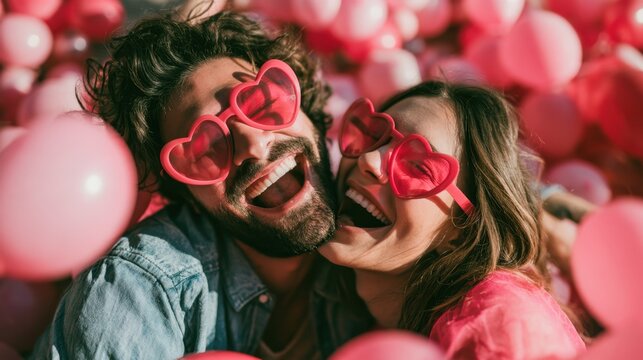 Happy couple wearing heart-shaped sunglasses laughing and enjoying romantic moment surrounded by pink balloon decor outdoors