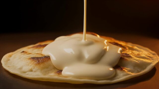 Delicious flatbread topped with creamy white sauce being drizzled on top, a close-up shot of a delectable food item with a dark background