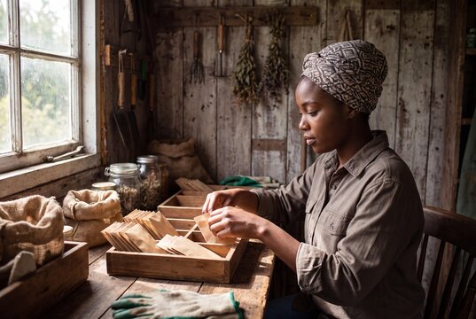 Gardener sorts seed packets in garden shed