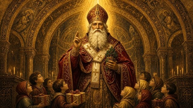 Medieval icon of Saint Nicholas reimagined as Santa Claus, serene bishop-like expression, kind luminous eyes, white long beard, magnificent crimson and gold vestments, children receiving gifts beneath