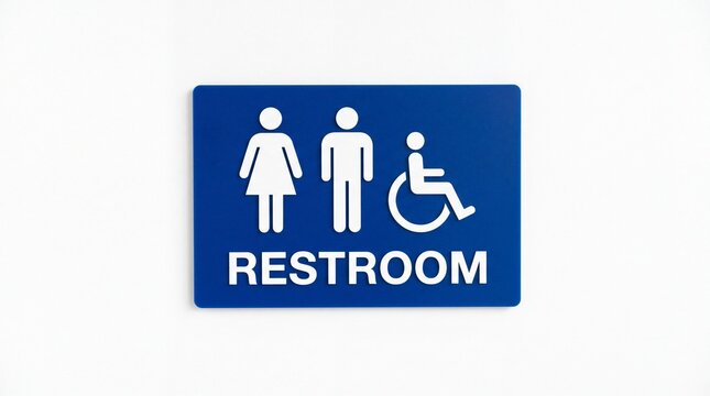 Blue rectangular restroom sign featuring white gender icons and wheelchair accessibility symbol on white background