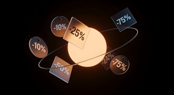 Minimalist floating discount tags orbiting around central sphere.