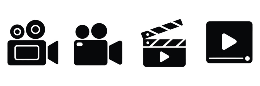 Video icon featuring camera symbols for movie production, cinema, filmmaking, entertainment, recording, media, streaming, and digital design