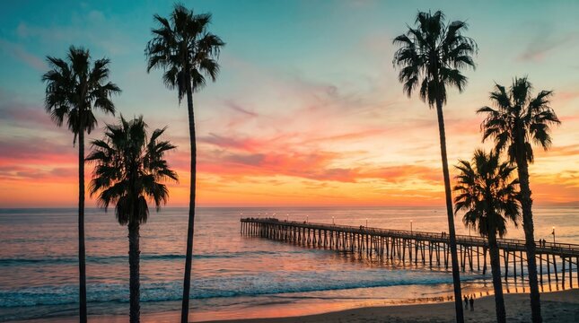 Beautiful sunset view over the ocean with silhouette palm trees and a wooden pier in california