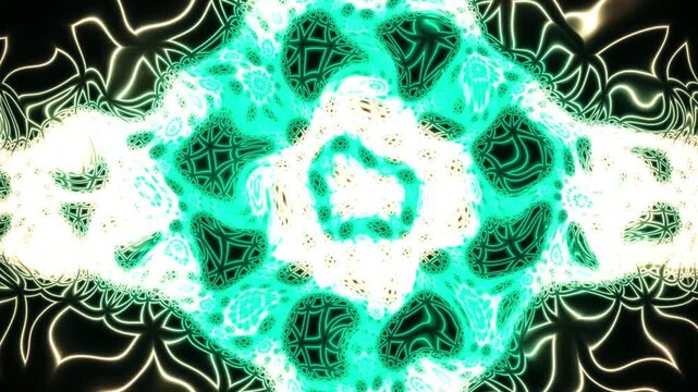 Abstract neon fractal animation with glowing turquoise kaleidoscope pattern motion background loop